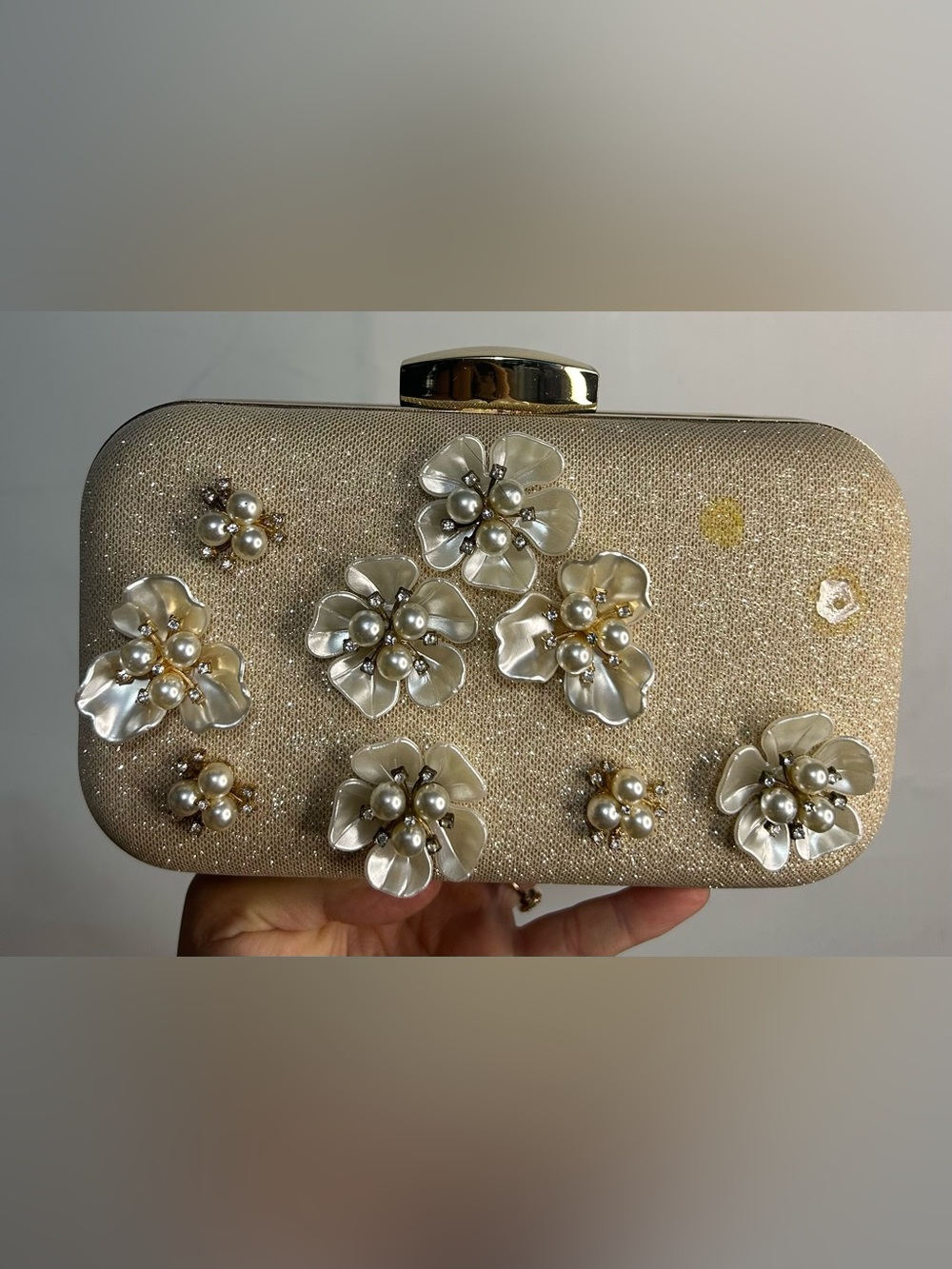 Gold Glitter Flower Embellished Clutch with Shoulder Chain